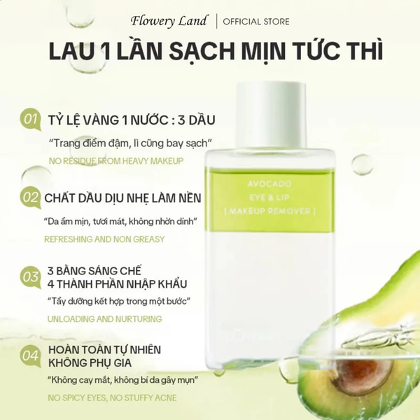 Nước Tẩy Trang Mắt Môi Chiết Xuất Bơ FLOWERY LAND 150ml Làm Sạch Sâu Đa Tầng Cấp Ẩm Làm Dịu Da Water in Oil