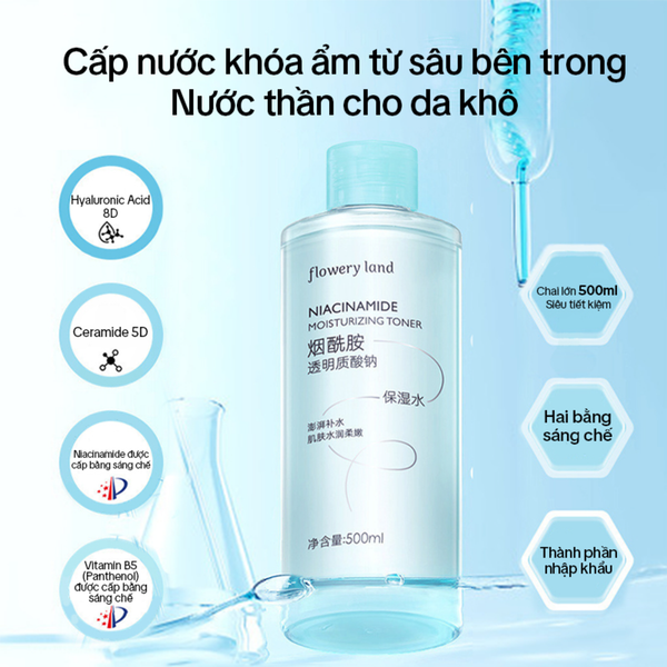 Toner Dưỡng Ẩm Niacinamide FLOWERY LAND Cân Bằng & Phục Hồi Da Cấp Ẩm Đa Tầng Giúp Dưỡng Sáng 500ML