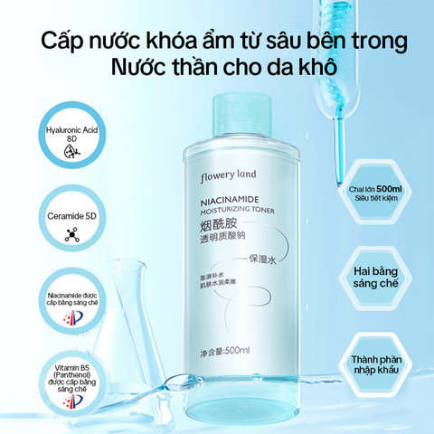 Toner Dưỡng Ẩm Niacinamide FLOWERY LAND Cân Bằng & Phục Hồi Da Cấp Ẩm Đa Tầng Giúp Dưỡng Sáng 500ML