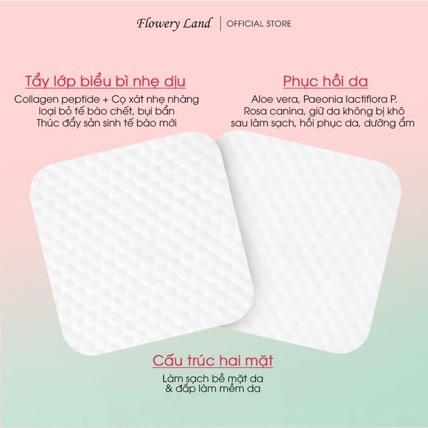 Toner Pad Collagen & Peptide FLOWERY LAND 170g Tăng Đàn Hồi Da Trẻ Hóa & Phục Hồi Da Cấp Ẩm Sâu nâng cơ vùng cằm