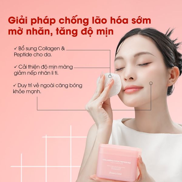 Toner Pad Collagen & Peptide FLOWERY LAND 170g Tăng Đàn Hồi Da Trẻ Hóa & Phục Hồi Da Cấp Ẩm Sâu nâng cơ vùng cằm