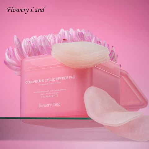 Toner Pad Collagen & Peptide FLOWERY LAND 170g Tăng Đàn Hồi Da Trẻ Hóa & Phục Hồi Da Cấp Ẩm Sâu nâng cơ vùng cằm