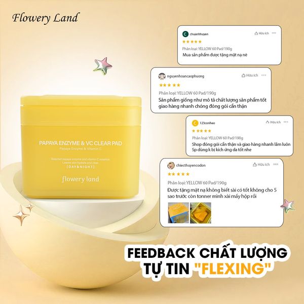 Toner Pad Chiết Xuất Đu Đủ & V-C FLOWERY LAND 190g Dưỡng Sáng Làm Đều Màu Da Mờ Thâm Sạm Cấp Ẩm Sâu