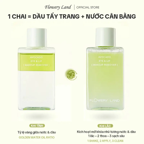 Nước Tẩy Trang Mắt Môi Chiết Xuất Bơ FLOWERY LAND 150ml Làm Sạch Sâu Đa Tầng Cấp Ẩm Làm Dịu Da Water in Oil