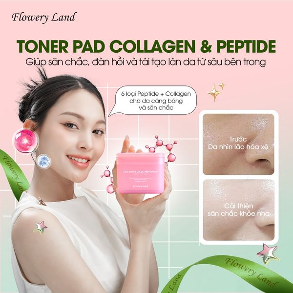Toner Pad Collagen & Peptide FLOWERY LAND 170g Tăng Đàn Hồi Da Trẻ Hóa & Phục Hồi Da Cấp Ẩm Sâu nâng cơ vùng cằm