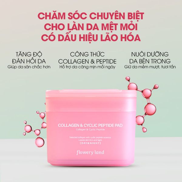 Toner Pad Collagen & Peptide FLOWERY LAND 170g Tăng Đàn Hồi Da Trẻ Hóa & Phục Hồi Da Cấp Ẩm Sâu nâng cơ vùng cằm