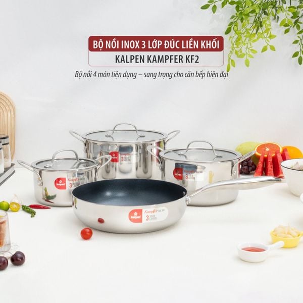 Bộ nồi chảo 4 món Inox 304 liền khối Kalpen Kampfer KF2 16-20-24 chảo 26cm