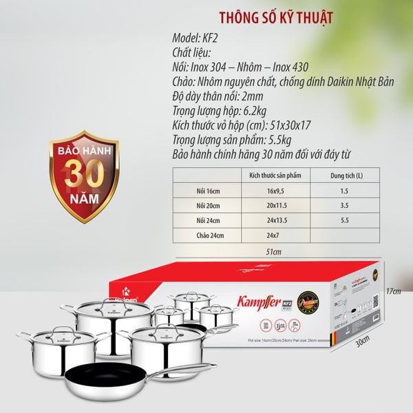 Bộ nồi chảo 4 món Inox 304 liền khối Kalpen Kampfer KF2 16-20-24 chảo 26cm