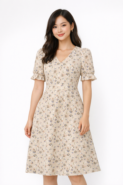 Đầm Cổ V Tay Phồng Hoa Nhỏ ( SIZE XS )