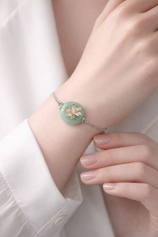Lắc Tay Bạc Hoa sen Đá Aventurine Xanh