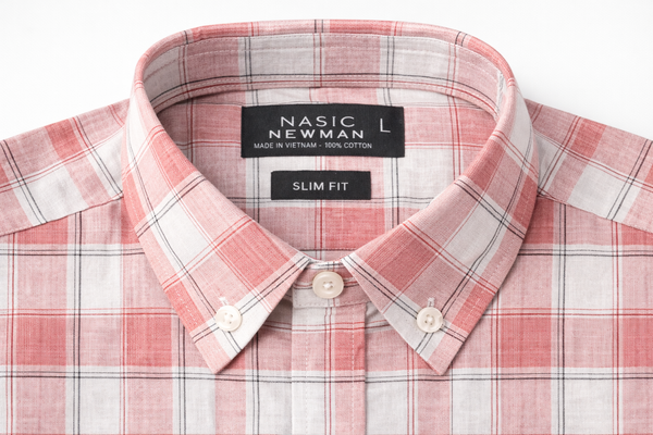 Áo Sơ Mi Nam Tay Ngắn Sọc Caro Trắng Hồng (Size L)