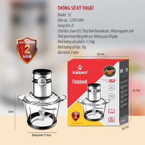 Máy Xay Thịt Đa Năng Kalpen S2 Công Suất 700W Dung Tích 2L