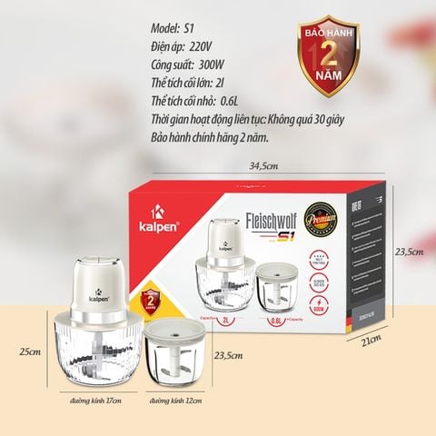Máy Xay Thịt Hai Cối Đa Năng Kalpen S1 Công Suất 600W Dung Tích 2L