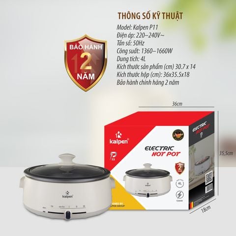 Nồi Lẩu Điện 4L Khay Lẩu Tháo Rời Kalpen P11 Công Suất 1660W