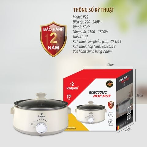 Nồi Lẩu Điện 5L Khay Lẩu Tháo Rời Kalpen P22 Công Suất 1800W