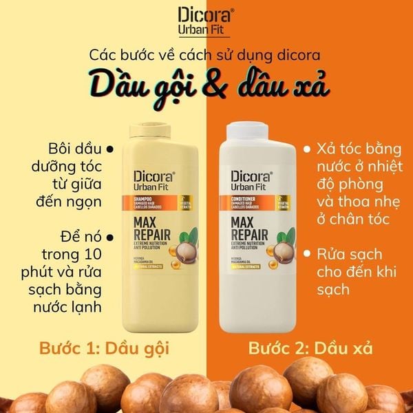 Combo Dicora Urban Fit Macadamia – Bộ đôi phục hồi tóc hư tổn (Dầu gội + Dầu xả 400ml)