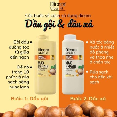 Combo Dicora Urban Fit Macadamia – Bộ đôi phục hồi tóc hư tổn (Dầu gội + Dầu xả 400ml)