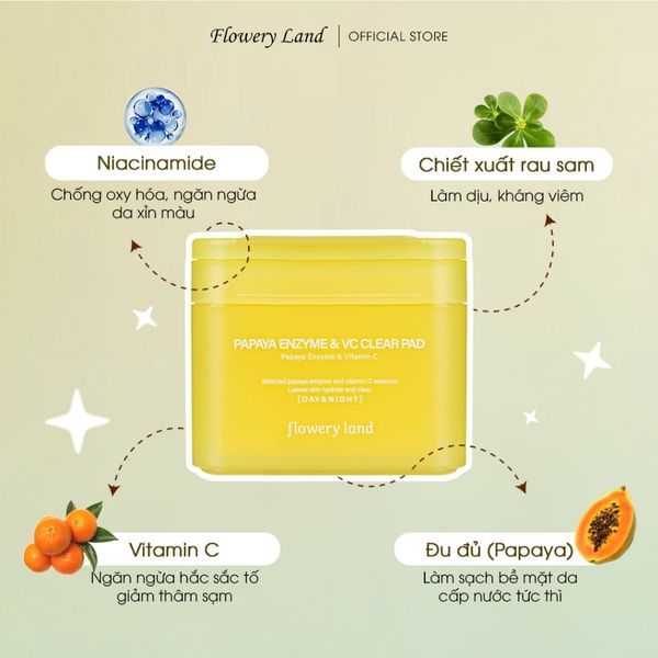 Toner Pad Chiết Xuất Đu Đủ & V-C FLOWERY LAND 190g Dưỡng Sáng Làm Đều Màu Da Mờ Thâm Sạm Cấp Ẩm Sâu