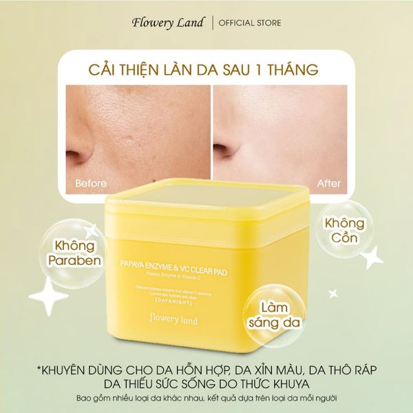 Toner Pad Chiết Xuất Đu Đủ & V-C FLOWERY LAND 190g Dưỡng Sáng Làm Đều Màu Da Mờ Thâm Sạm Cấp Ẩm Sâu
