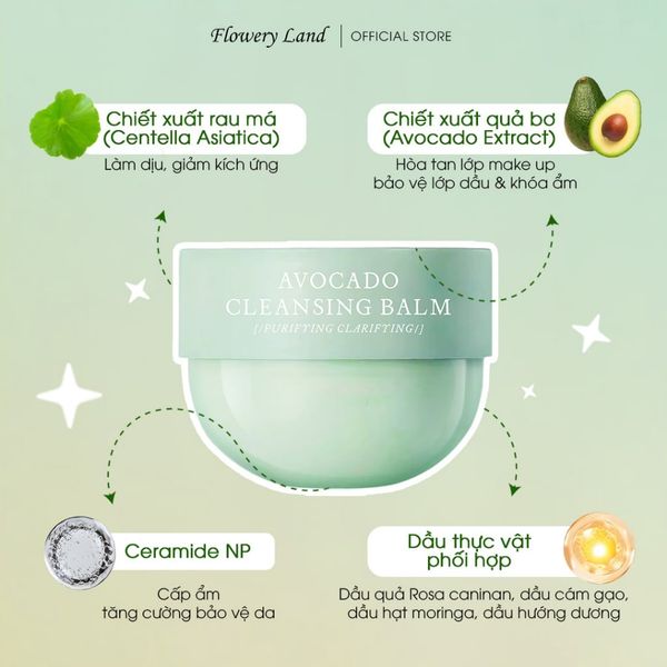 Sáp Tẩy Trang Avocado FLOWERY LAND 60G Làm Sạch Sâu Make-up Dày Dễ Nhũ Hóa Không Bết Rít & Dưỡng Cho Da Nhạy Cảm