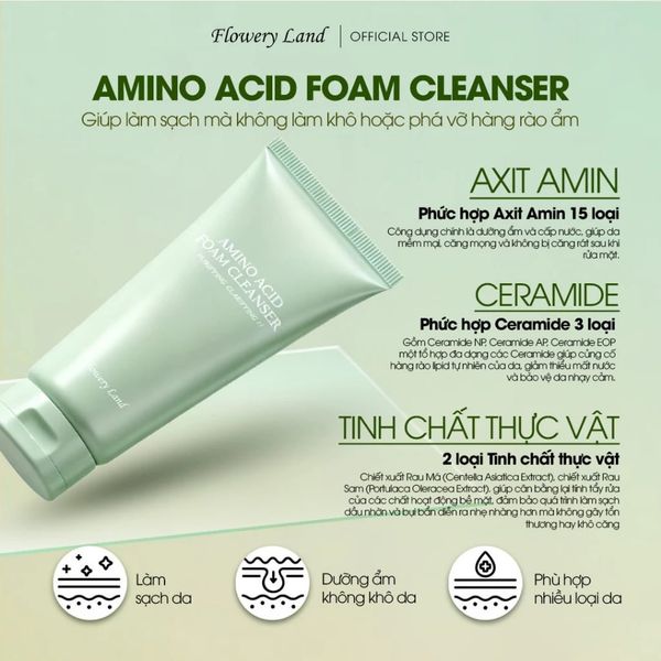 Sữa Rửa Mặt Amino Acid FLOWERY LAND 150G+30G Làm Sạch Sâu Bụi Mịn PM2.5 Giữ Ẩm Làm Dịu & Mềm Mại Da