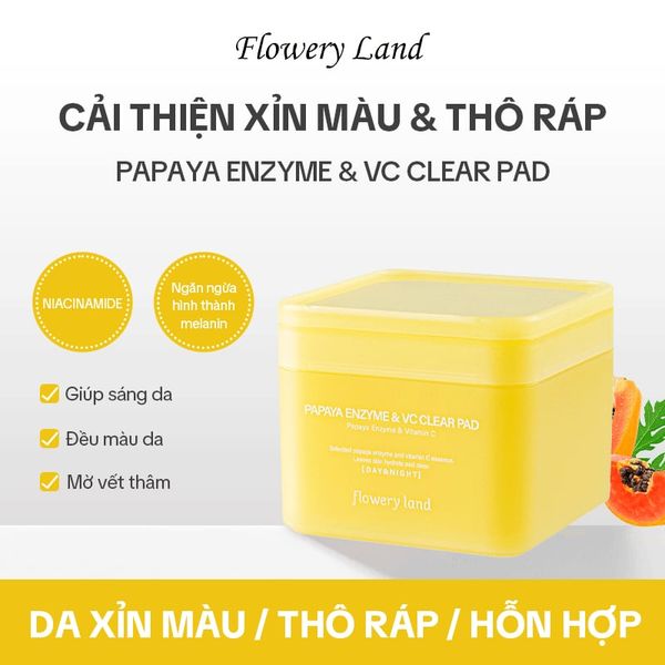 Toner Pad Chiết Xuất Đu Đủ & V-C FLOWERY LAND 190g Dưỡng Sáng Làm Đều Màu Da Mờ Thâm Sạm Cấp Ẩm Sâu
