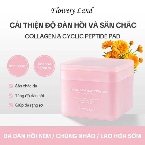 Toner Pad Collagen & Peptide FLOWERY LAND 170g Tăng Đàn Hồi Da Trẻ Hóa & Phục Hồi Da Cấp Ẩm Sâu nâng cơ vùng cằm