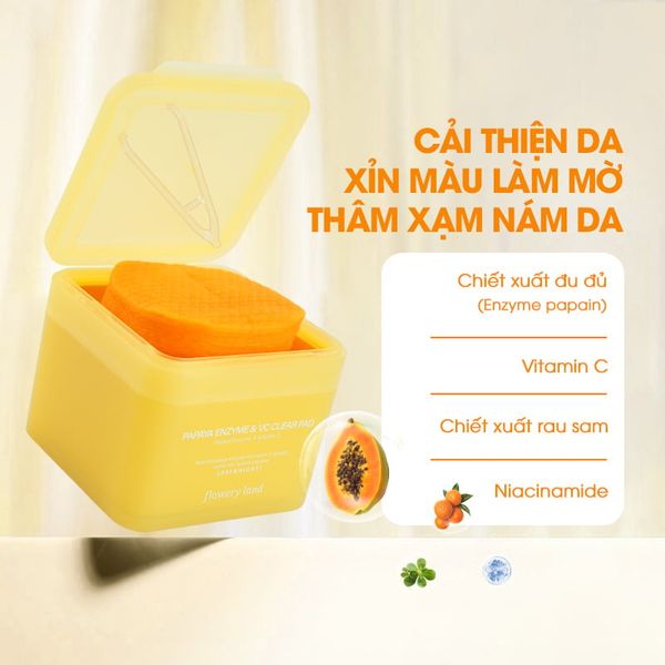 Toner Pad Chiết Xuất Đu Đủ & V-C FLOWERY LAND 190g Dưỡng Sáng Làm Đều Màu Da Mờ Thâm Sạm Cấp Ẩm Sâu