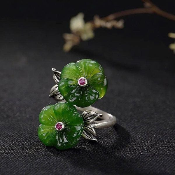 Nhẫn Nữ Kya Jewel Ngọc Nephrite Xanh Lục Dáng Hoa Rực Rỡ (Bạc, Freesize) - NAR1