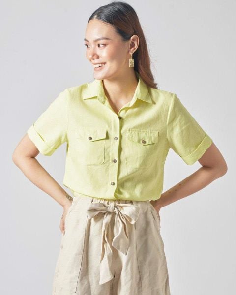 Áo Sơ Mi Nữ F2 Linen Xanh Cốm Hai Nắp Túi ( Size XXL )