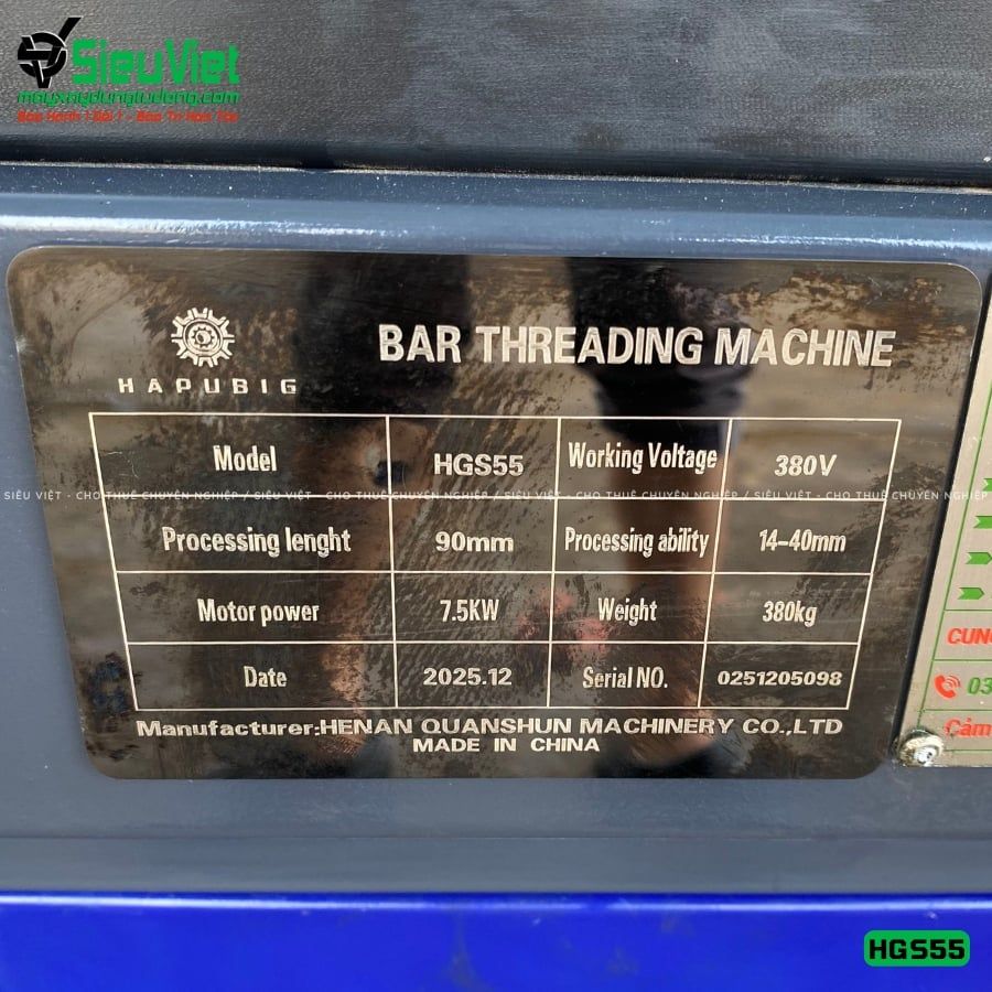 Máy tiện ren HGS55 Trung Quốc - Điện 380V, 3 Pha