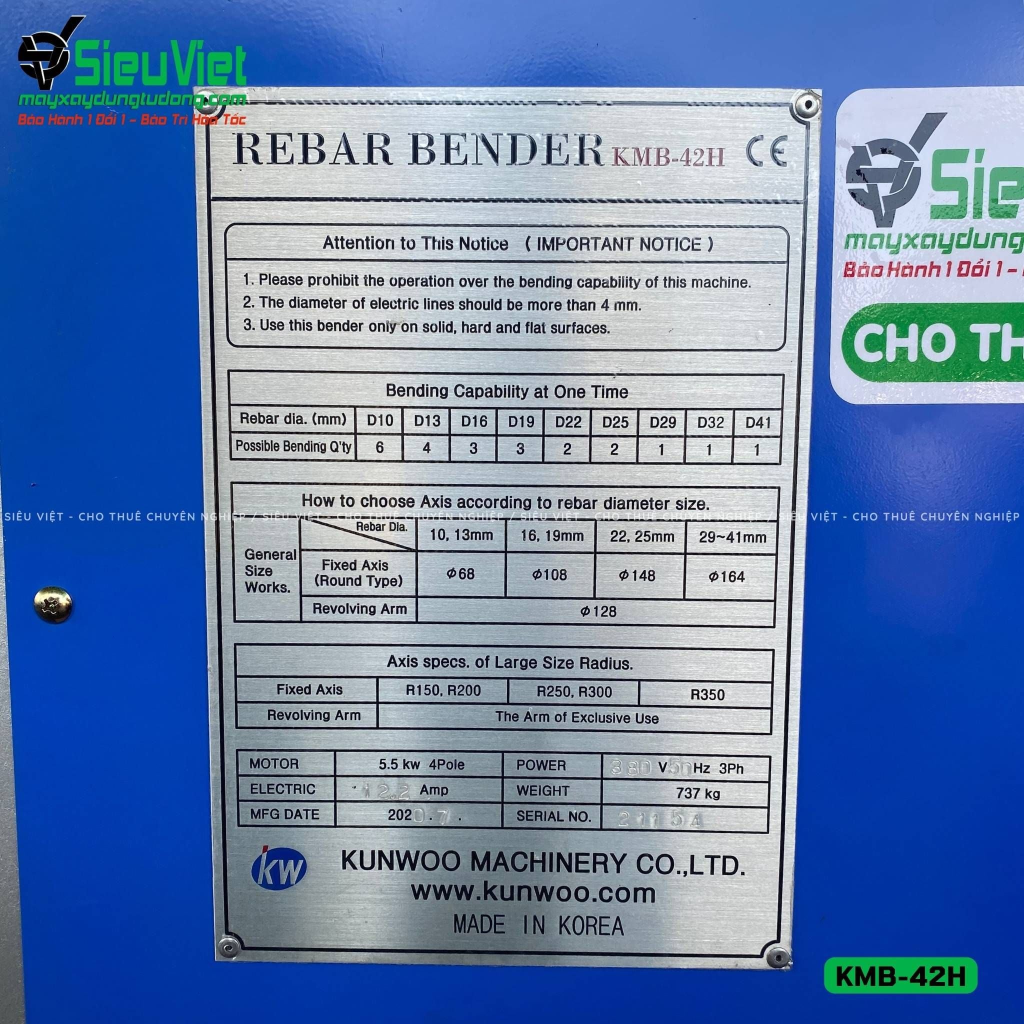 Máy uốn sắt KMB-42H Kunwoo Hàn Quốc - Điện 380v, 3 Pha