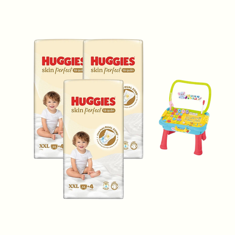 Tã Quần Huggies Skin Perfect Mega Jumbo XXL- 64 (15 - 25Kg) combo 3 gói tặng bàn đồ chơi đa năng