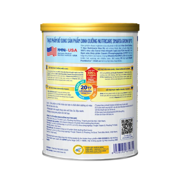 Sữa bột Nutricare Smarta Grow Opti 850gr 3+ (>3 tuổi, phát triển chiều cao, trí não, mẫu mới Opti)