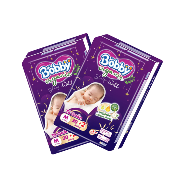 Combo 2 gói Tã quần Bobby Organic đêm M-30+2 (6 - 11 kg)