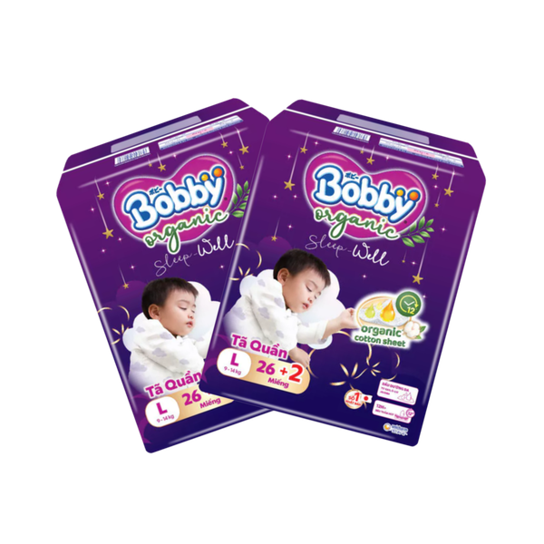 Combo 2 gói Tã quần Bobby Organic đêm L-26+2 (6 - 11 kg)