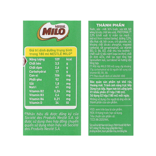 Sữa ca cao lúa mạch Nestle Milo 180ml (lốc 4 hộp)
