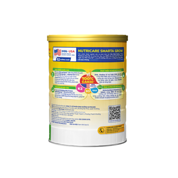 Sữa bột Nutricare Smarta Grow 850gr 1-10 tuổi (phát triển chiều cao, trí não)