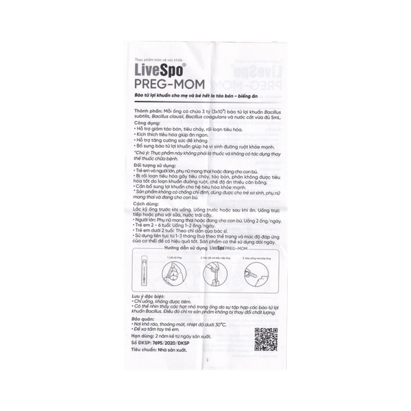 LiveSpo Preg-mom 3 tỷ bào tử lợi khuẩn cho mẹ và bé, hết lo táo bón, biếng ăn (hộp 20 ống)