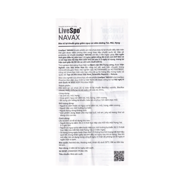 Dung dịch vệ sinh tai mũi họng LiveSpo Navax 5 tỷ bào tử lợi khuẩn (bình nhựa 20ml)