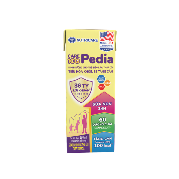 Sữa bột pha sẵn Nutricare Care 100 Pedia 180ml (lốc 4 hộp, thùng 6 lốc)