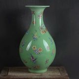  Bình Gốm Dáng Tỳ Bà Men Xanh Ngọc Vẽ Hoa Bướm BKCECN-10255 