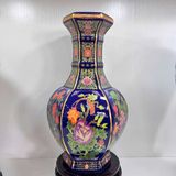  Bình Gốm Lục Giác Họa Tiết Chim Hoa Men Xanh Dương Dát Vàng BKCECN-10398 