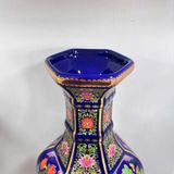  Bình Gốm Lục Giác Họa Tiết Chim Hoa Men Xanh Dương Dát Vàng BKCECN-10398 