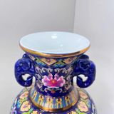  Bình Gốm Hai Tai Men Xanh Dương Hoa Mẫu Đơn Dát Vàng BKCECN-10399 