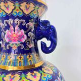  Bình Gốm Hai Tai Men Xanh Dương Hoa Mẫu Đơn Dát Vàng BKCECN-10399 