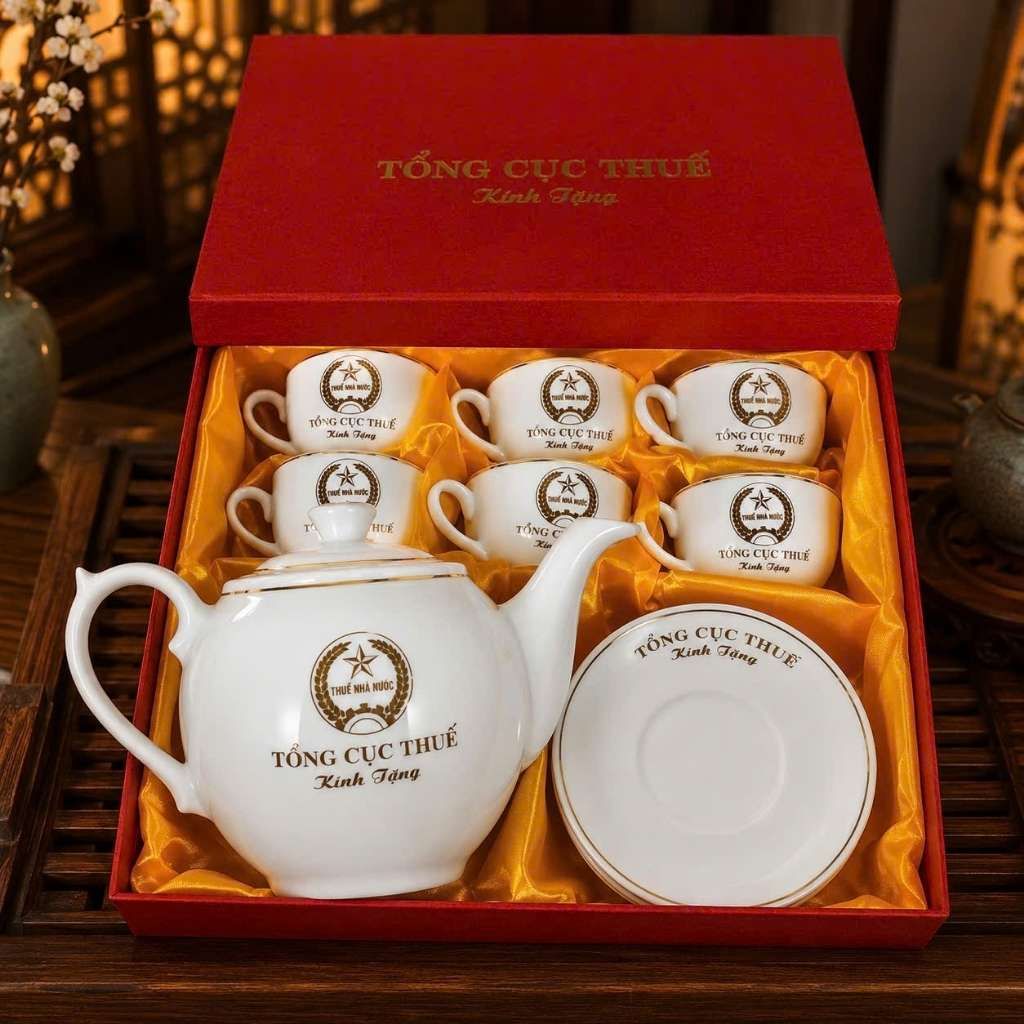  Bộ ấm chén gốm sứ Bát Tràng in logo Tổng Cục Thuế BKCECN-10559 