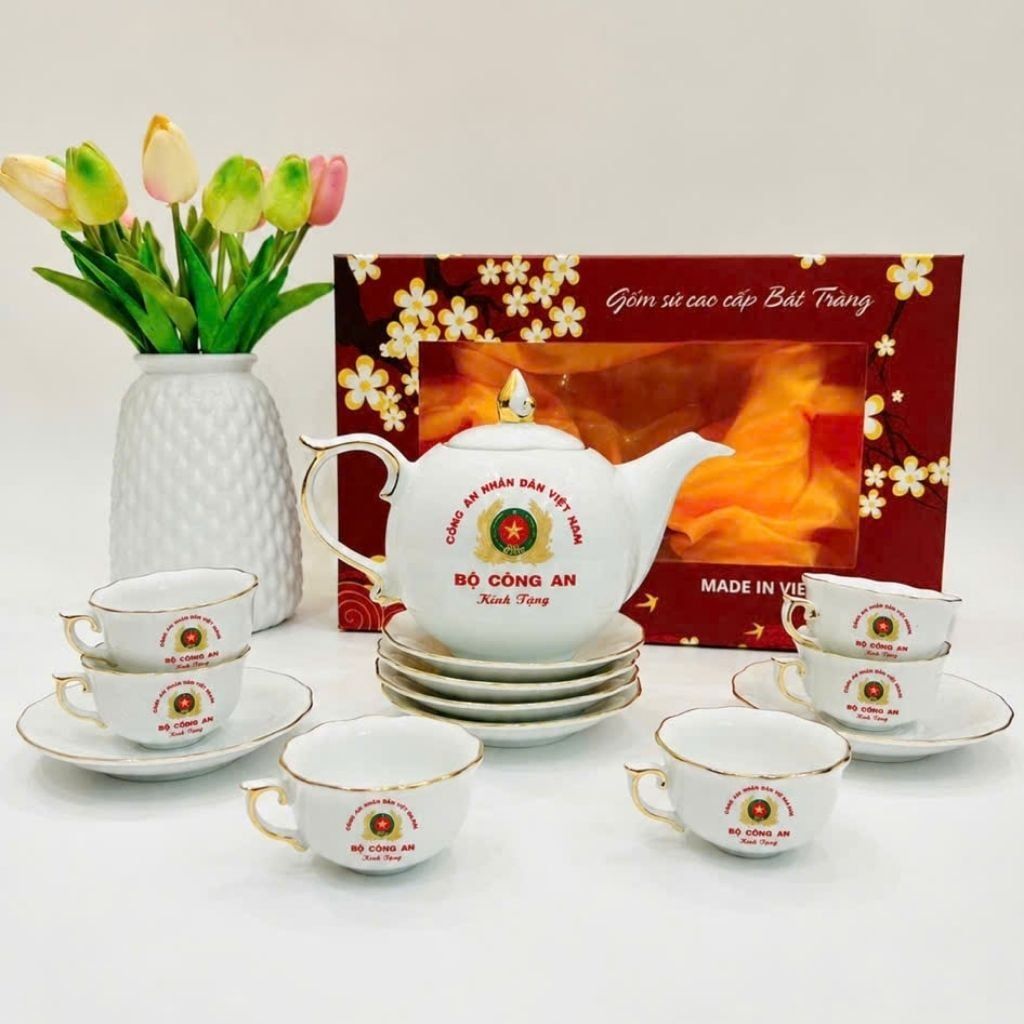  Bộ Ấm Chén Gốm Sứ Bát Tràng In Logo Bộ Công An BKCECN-10563 
