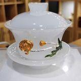  Chén Khải Pha Trà Lưu Ly Trắng Đắp Nổi Hoa BKCECN-10623 