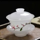  Chén Khải Pha Trà Lưu Ly Trắng Đắp Nổi Hoa BKCECN-10623 